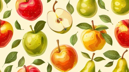 Fresh and juicy fruits. Seamless pattern with pears and apples. Vector illustration.