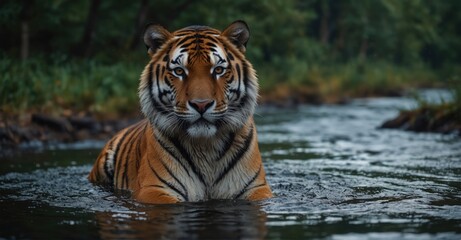 Majestic Siberian tiger in Russian forest stream. Dangerous predator captured splashing water in stunning 8K photo