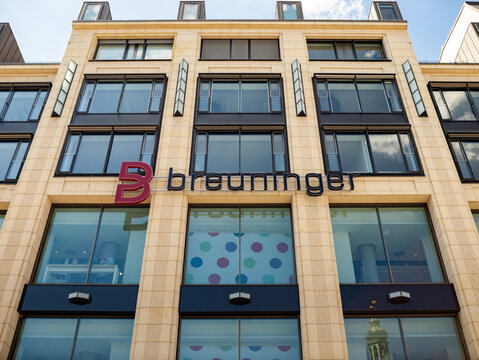 LEIPZIG, GERMANY - 27. April 2024: Breuninger logo sign of the German fashion company on the mall building exterior. House facade in the inner city of the business selling designer brands.
