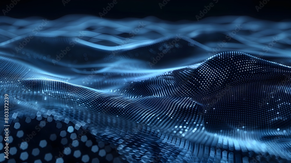 Poster abstract background with dark blue glowing hexagon mesh waves and dots on black background big data,