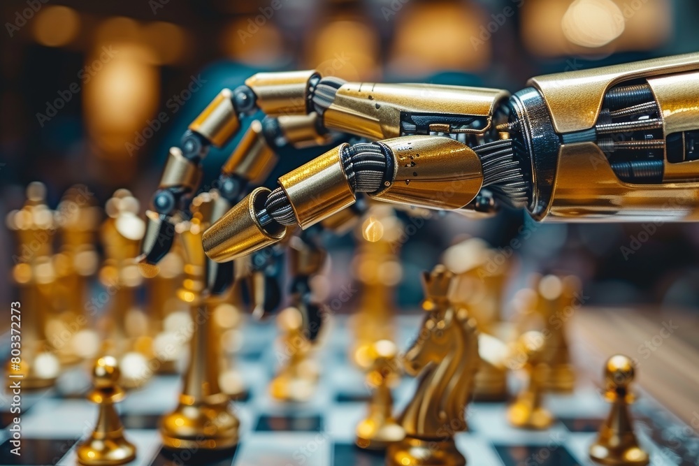 Poster detailed closeup of an ai robot s hand skillfully engaged in playing a chess game