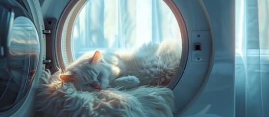 Fluffy White Feline Seeking Tranquility in a Minimalist Washing Machine Sanctuary