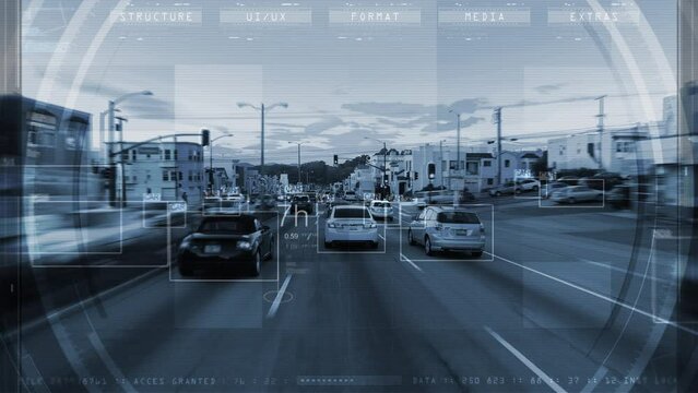 Futuristic POV San Francisco Highway with Artificial Intelligence Object Recognition showing Objects Details and Information For Traffic And Security Proposes. Augmented Reality.
