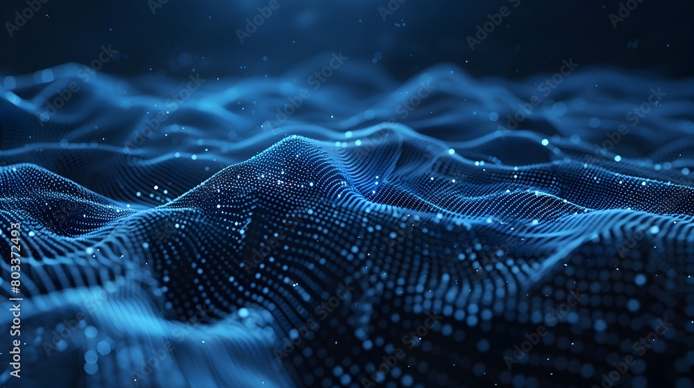 Poster abstract background with dark blue glowing hexagon mesh waves and dots on black background big data,