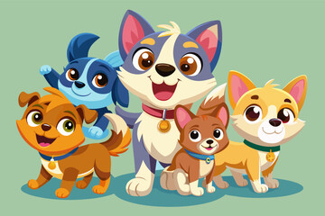 An adorable 3D cartoon featuring a group of playful puppies