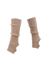 Subject shot of beige ribbed leg warmers with a hole for the heel. Long gaiters are isolated on the...