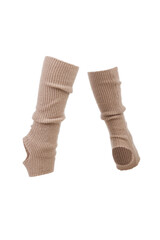 Subject shot of beige ribbed leg warmers with a hole for the heel. Long gaiters are isolated on the white background. Side and back view.
