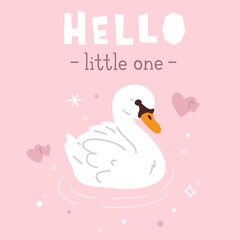 A pink vector background with the word hello little one on it and cartoon baby swan