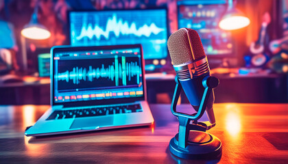 Podcast equipment: microphone and laptop