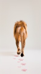 Lion shown from behind walking away from the camera, lion leaves pink paw prints on white background, studio photography, minimalistic, conceptual
