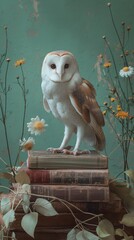 Portrait of an owl standing on old books, the books are on a floor covered with creepers with flowers, a white owl is standing on the books. Background is pastel green. Concept, studio