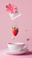 Studio photo the tea bag and strawberry stand above the teacup, the background is pastel pink. Concept, minimalistic 