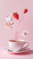 Studio photo the strawberry and vanilla flower turn into a tea powder that goes into the tea bag, the tea bag stands above the teacup, the background is pastel pink. Concept, minimalistic 