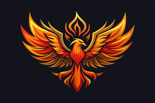 mystical abstract phoenix logo rising from flames, depicted in abstract shapes.