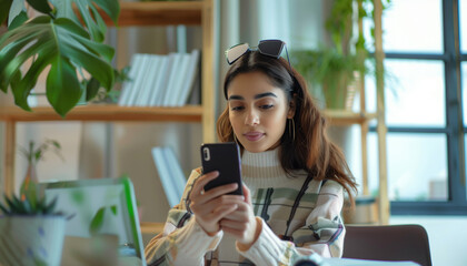 Fototapeta premium Indian influencer girl speaking at smartphone on the holder with a contemporary modern setting behind her