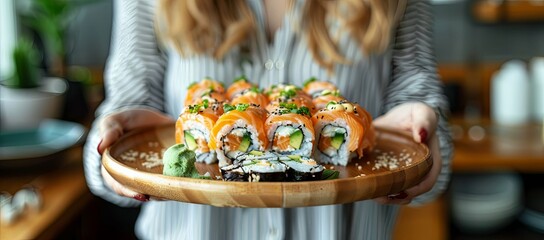 Close up of woman holding a wooden plate with delicious sushi rolls and chopsticks at home, space for text. 