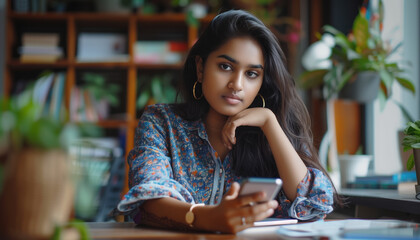  Indian influencer girl speaking at smartphone on the holder with a contemporary modern setting behind her