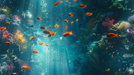 Underwater scene with various species of fish swimming around in a colorful coral reef.