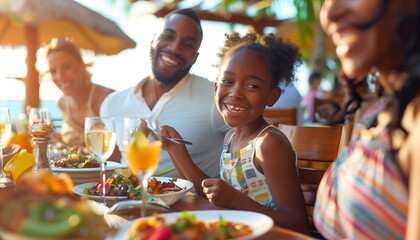 Close-up of family on holiday or vacation eating near a beach a la carte with the blue sea in the background