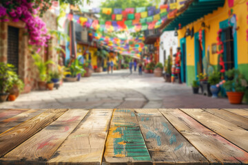 A blank rustic wooden table top with a colorful background of a blurred mexican street scene