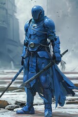 A timetraveling warrior in minimalist blue armor, wielding ancient and advanced weaponry