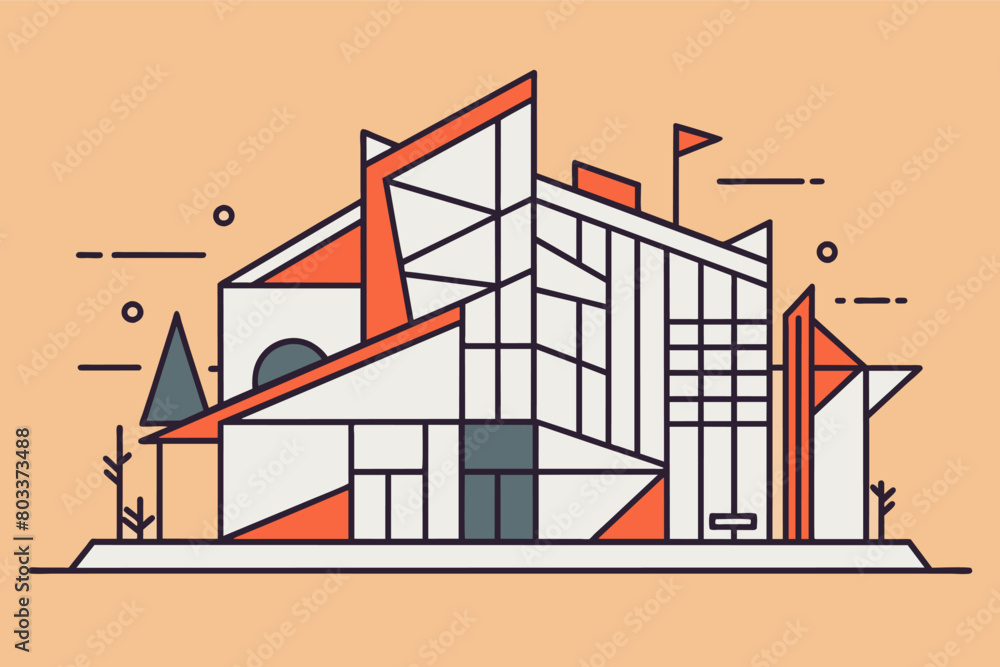 Poster minimalist line art drawing of a deconstructivist building with an unconventional form.