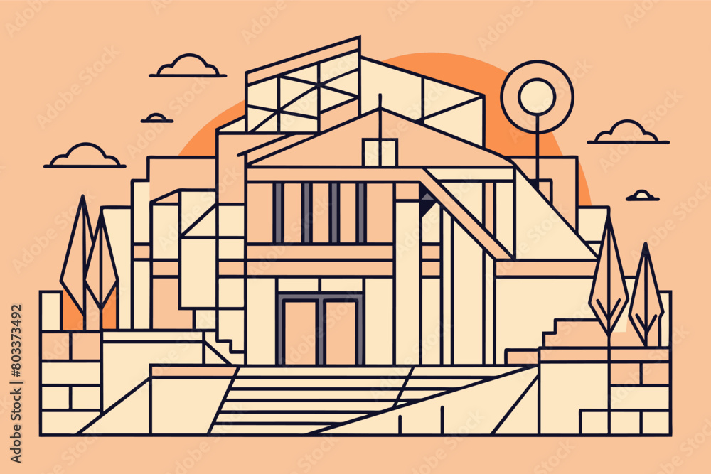 Poster minimalist line art drawing of a deconstructivist building with an unconventional form.