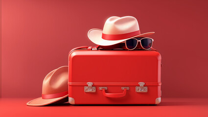 This is a 3D rendering of a red suitcase with sunglasses and a red hat on a red background.

