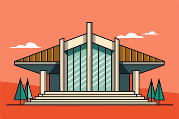 minimalist line art drawing of a Brutalist architectural landmark with bold concrete forms.