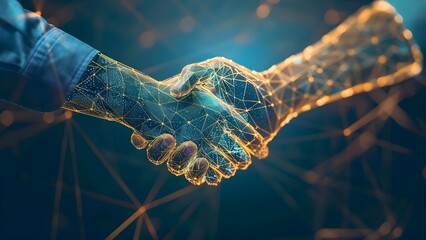 Symbolic Trust: The Virtual Handshake Hologram in Blockchain Transactions. Concept Blockchain Technology, Virtual Handshake, Trust Symbolism, Hologram Transactions, Cryptocurrency Security
