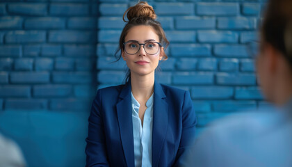 Engaged confident business project female leader set against a blue wall