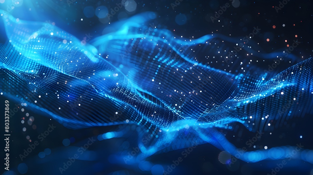 Poster abstract blue glowing mesh with dots and lines on dark background, futuristic digital technology or 