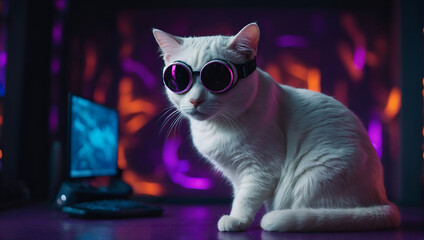 A white cat wearing virtual reality goggles is sitting in front of a starry background.

