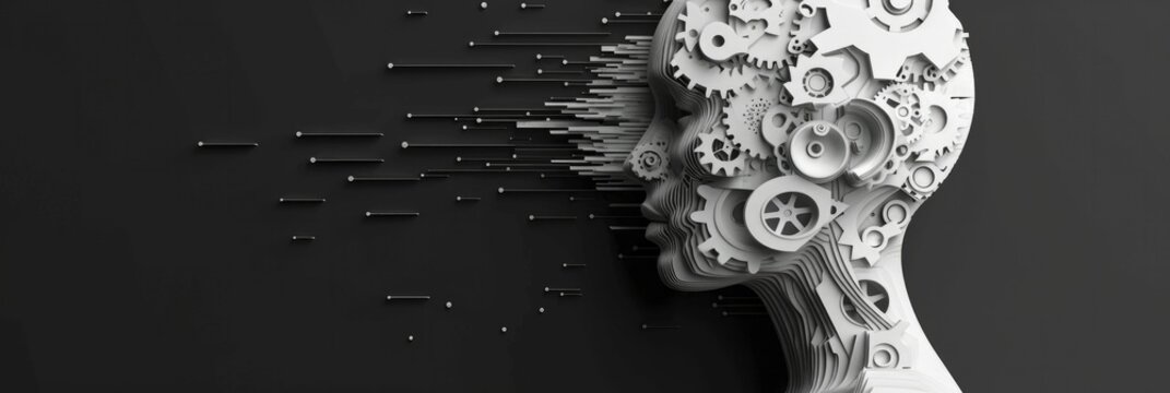 Explore the intricate blend of gears and circuits within a minimalist paper cutout of a human head profile, ideal for AI events.