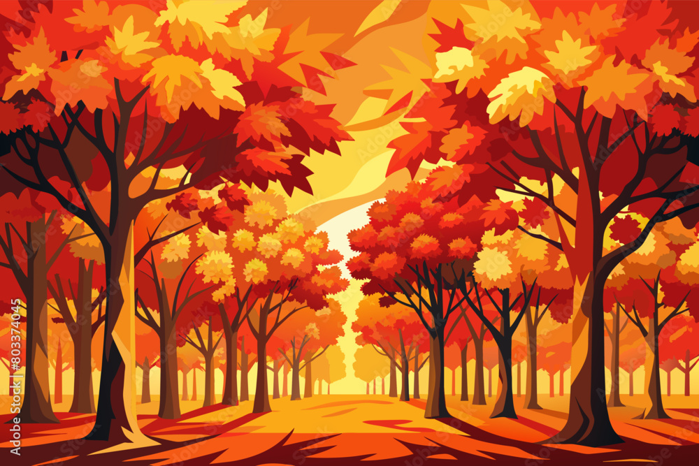 Poster grove of maple trees with leaves ablaze in shades of red, orange, and yellow, creating a stunning di
