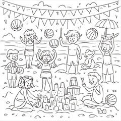 coloring book page illustration of a beach party with kids playing volleyball and building sandcastles.