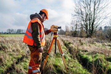 Portrait of surveyor using equipment to measure field with trees