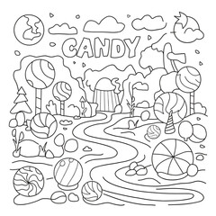 coloring book page illustration of a candy land with gumdrop trees and a chocolate river.