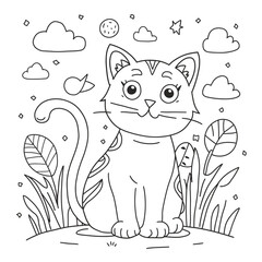 coloring book page illustration of a cartoon cat.