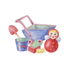 Toy bucket, shovel, wheelbarrow, blocks and roly-poly. Beach play clipart, retro wooden cart, doll, gardening tools watercolor illustration for kids party, postcard, invitation, baby shower, nursery