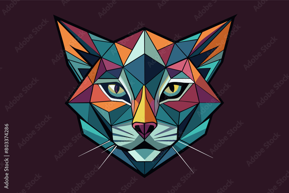 Poster geometric deconstruction of a feline face, creating a sleek abstract cat logo.