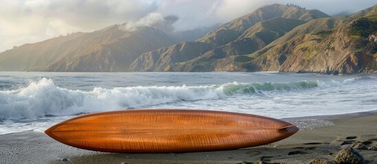 wooden surfboard isolated on Clean sea beach with sand background