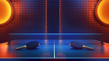 Table tennis court with rackets and balls. Illuminated with blue and orange neon, decorative circles in the shape of a ball on the wall