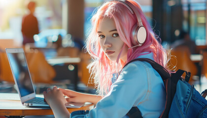 Happy pink-haired teen grunge rock girl working from her laptop at a school or college