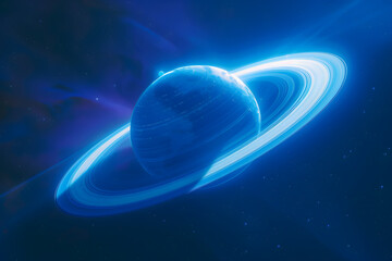Beautiful powerful blue planet floating in space emitting blue lights to nearby moons and rings.