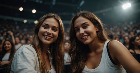 Fototapeta premium Two young women taking a selfie at a concert in a massive indoor arena.