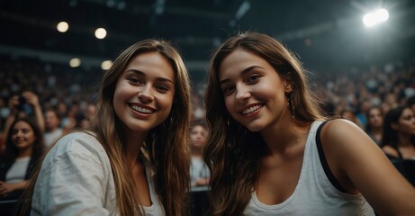 Two young women taking a selfie at a concert in a massive indoor arena.