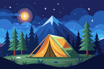 flat vector illustration of a camping tent under a sky full of twinkling stars.