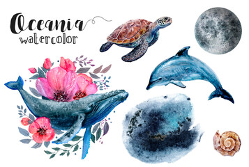 A set of watercolor paintings showcasing oceanic organisms in shades of azure, blue, and electric blue. Each fish, fin, and organism is beautifully captured in aqua hues, creating stunning art. PNG