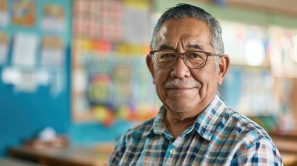 The close up picture of the hispanic teacher, educator or instructor sitting in classroom of school, the educator require skills like classroom management, lesson planning and teaching skill. AIG43. - obrazy, fototapety, plakaty
